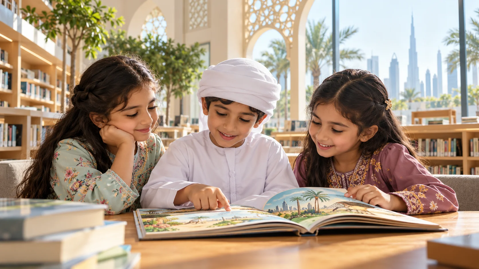 أطفال إماراتيون يقرؤون معًا في مكتبة